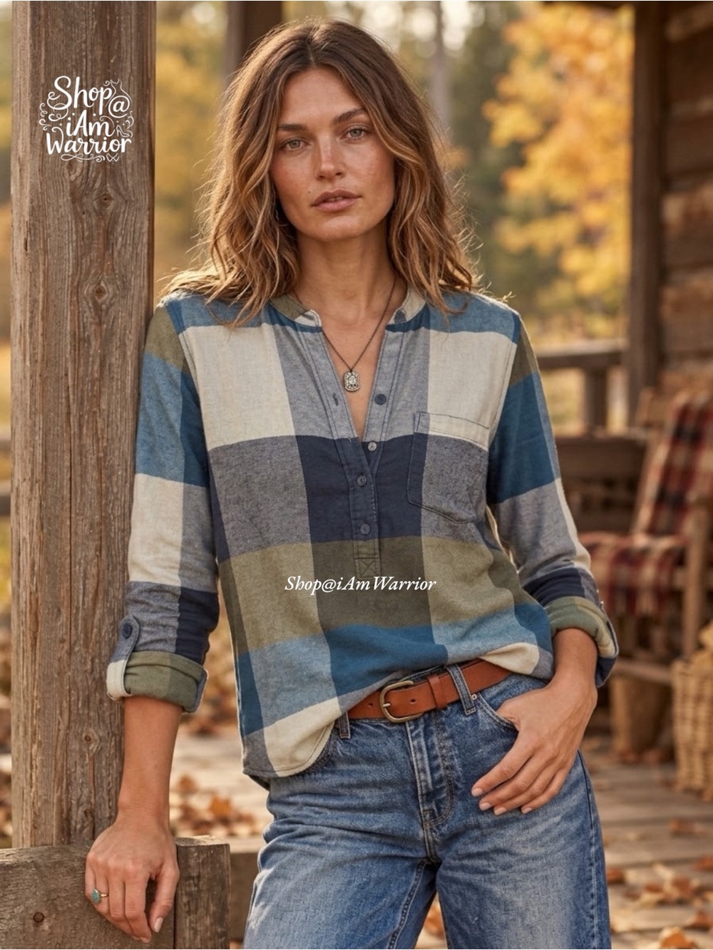 Lucky Brand Plaid Roll Tab Sleeve Blue Olive Boho Tunic Rayon Shirt
